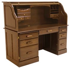 an antique wooden desk with drawers and cupboards on the top shelf, isolated against a white background