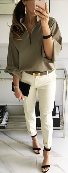 #winter #outfits #spring #fashion Khaki Blouse White Skinny Pants Black Sandals ☘️ #FashionTrendsWork #diysandalsblack Khaki Blouse, Professional Outfit, Work Outfit Office, Business Professional Outfits, Stylish Winter Outfits, Office Outfits Women, Summer Work Outfits, Business Professional, Casual Work Outfits