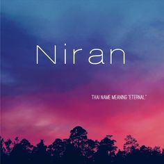 the words niran are written in white on a purple and blue background with silhouettes of trees