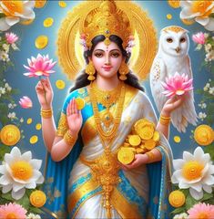 an image of the goddess and owl with flowers in her hand, surrounded by gold coins