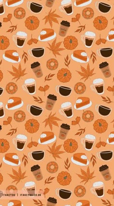 an orange wallpaper with coffee cups and flowers on it's side, along with the words happy thanksgiving