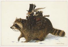 a raccoon riding on the back of a motorcycle in the snow with feathers