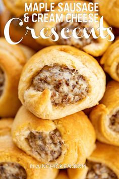 some sausage and cream cheese crescents are stacked on top of each other with the words maple sausage and cream cheese crescents