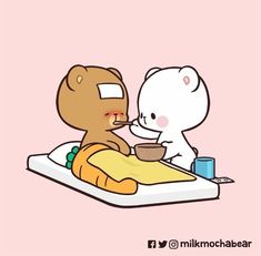 a cartoon bear eating food on top of a bed next to a white teddy bear