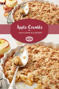 an apple crumble is shown in two different dishes