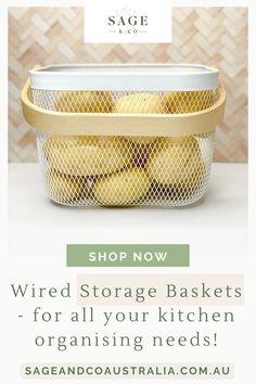 a basket filled with lemons sitting on top of a counter next to the words shop now