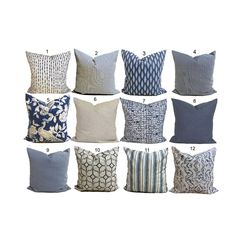 pillows with different patterns and sizes are shown in the image, including one for each pillow