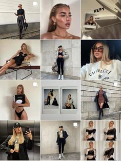 the collage shows many different images of women in black outfits and white shoes, including one