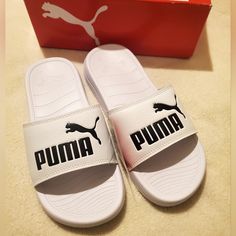 Puma Popcat 20 Slides Women's Never Worn, New With Tags! Super Comfy, Great For A Day At The Beach Or For Lounging At Home. *No Flaws Noted. Size: 7 Wmns Color: Puma White/ Puma Black On Logo See All Pictures For Item Description. Cute Puma Shorts, Puma Sandals, Fluffy Sliders, Puma Slides, Puma X Fenty, Puma Rihanna, Pink Pumas, Pink Slides, White Slides