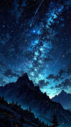 the night sky is filled with stars, and there are mountains in the foreground