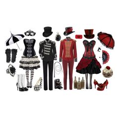 an assortment of costumes and accessories are arranged on a white background