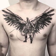 a man's chest with an angel tattoo on his chest and the wings spread out