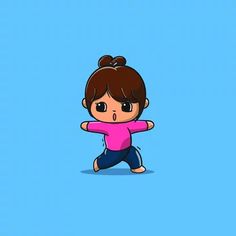 an animated girl is standing in the middle of a blue background with her arms stretched out