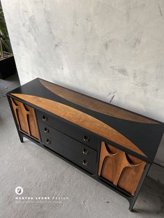 a black and wood cabinet with drawers on the bottom is next to a potted plant