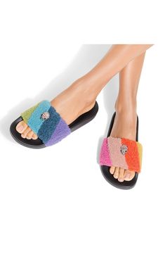 A signature eagle head twinkling with crystals and a colorblocked fleece upper bring bold rainbow pops to your ensemble in these elevated and playfully mismatched slide sandals. Textile upper/synthetic lining and sole Imported Trendy Multicolor Slides, Eagle Head, Kurt Geiger, Summer Ready, Stripes Design, Slide Sandals, Women's Shoes Sandals, Womens Sandals, Slides