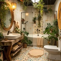 a bathroom that has plants on the wall and in the bathtub, along with a toilet