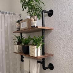 two shelves with plants and books on them in the bathroom, next to a towel rack