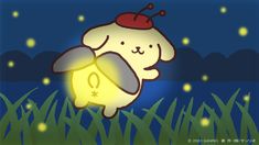 a cartoon character holding a light up in the air with grass and stars around it