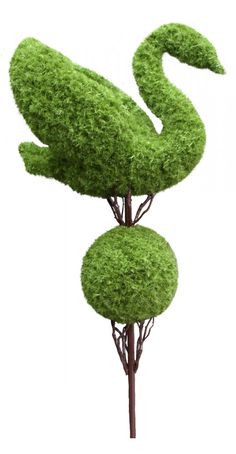 two green bushes shaped like birds sitting on top of each other