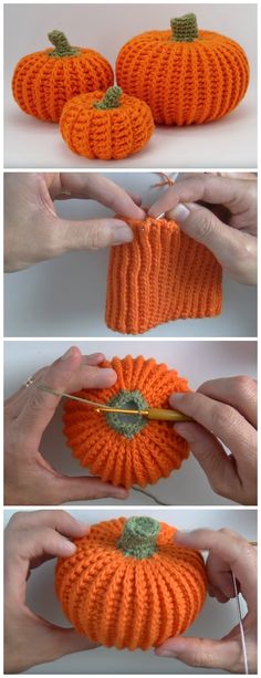 crocheted pumpkins are being made with yarn