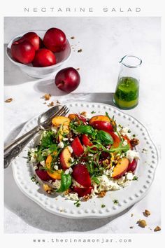 Nectarine salad on a large white plate. Summer Bbq Sides, Sides And Appetizers, Nectarine Salad, Easy Fruit Salad Recipes, Basil Vinaigrette, Fresh Summer Salad, Fruit Salad Easy, Grilled Halloumi, Bbq Sides