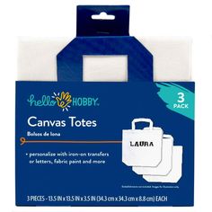 three pack of canvas totes in white packaging