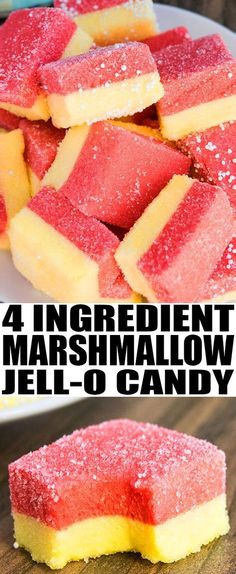 four ingredient marshmallow jell - o candy on a white plate with text overlay