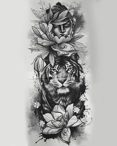 a black and white photo of a tiger with flowers on it's back leg