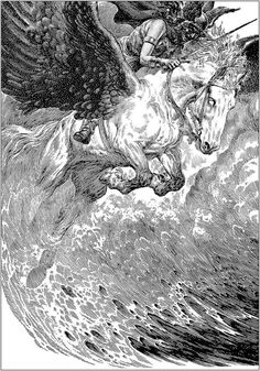 an angel riding on the back of a white horse over a body of water with a bird flying above it