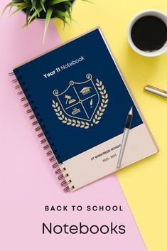 the back to school notebook is next to a cup of coffee and pen on a yellow and pink background