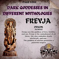 an advertisement for the dark goddesss in different mythologys, which includes a statue and skull