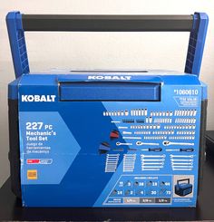 a kobalt tool box sitting on top of a table