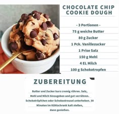 a recipe for chocolate chip cookie dough in a bowl