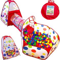 a play tent with balls in it and other accessories for the inside, including a ball pit