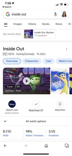 an iphone screen showing the inside out menu and other screenshots for various movies