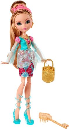 the doll is holding a golden purse