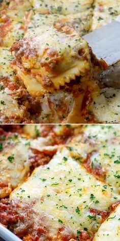 two pictures of lasagna casserole with meat and cheese being cut into pieces