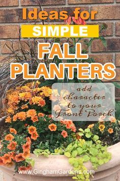 a potted planter filled with flowers and text that reads, ideas for simple fall plants