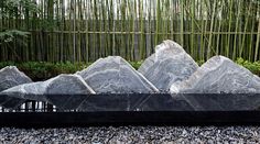 a rock garden with rocks and bamboo trees in the backgroung behind it