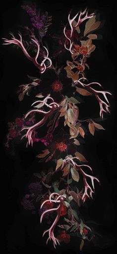 an abstract painting of flowers and leaves on a black background with red, purple, and green colors