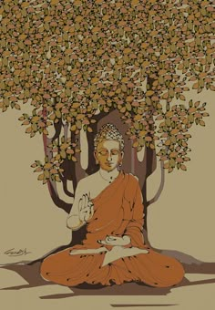 a buddha sitting under a tree with lots of leaves on it