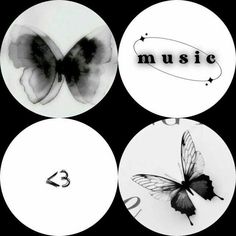 four different pictures with the words music and a butterfly on one side, in black and white