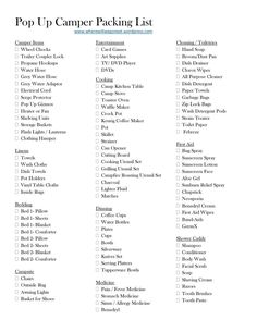 the top up camper packing list is shown in black and white, with text overlay