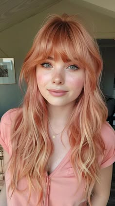 47 Cherry Blonde Hair Color Ideas To Rock This Season’s Hottest Trend Cute Light Hair Colors, Women With Strawberry Blonde Hair, Strawberries And Cream Hair Color, Curly Peach Hair, Strawberry Blonde Haircut, Cute Pink Hair Dye Ideas, Blonde And Peach Hair, Curly Hair Dye Ideas Blonde, Strawberry Blonde And Pink Hair