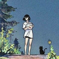 a drawing of a girl standing with her arms crossed in front of a black cat