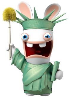 the statue of liberty bunny is holding a broom and wearing a green outfit with an eagle on it's head