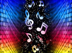 colorful music notes and stars on a black background