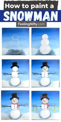 how to paint a snowman step by step with pictures and text on the bottom