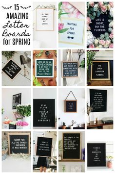 a collage of different types of chalkboard signs with words on them and flowers in the background