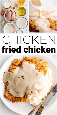 chicken fried with gravy and sauce on top is shown in this collage